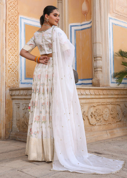 Readymade fully stitched White Floral Printed Jacquard Lehenga set with blouse and dupatta