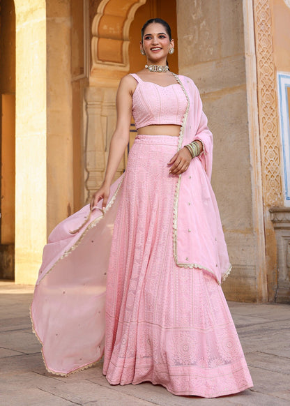 Readymade fully stitched Pink lucknowi embroidered work lehenga