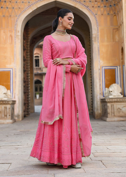 Readymade fully stitched Pink lucknowi embroidered work lehenga full sleeves