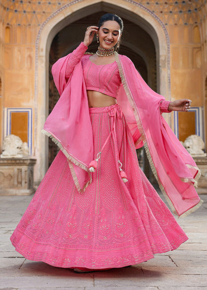 Readymade fully stitched Pink lucknowi embroidered work lehenga full sleeves