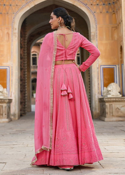 Readymade fully stitched Pink lucknowi embroidered work lehenga full sleeves