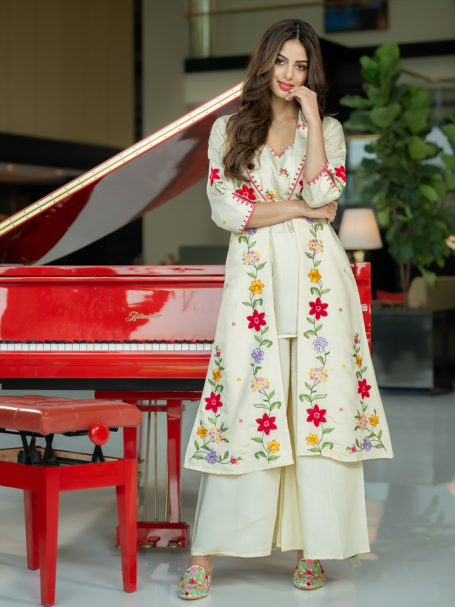 Cream Embroidered A-Line Kurta Palazzos Set2