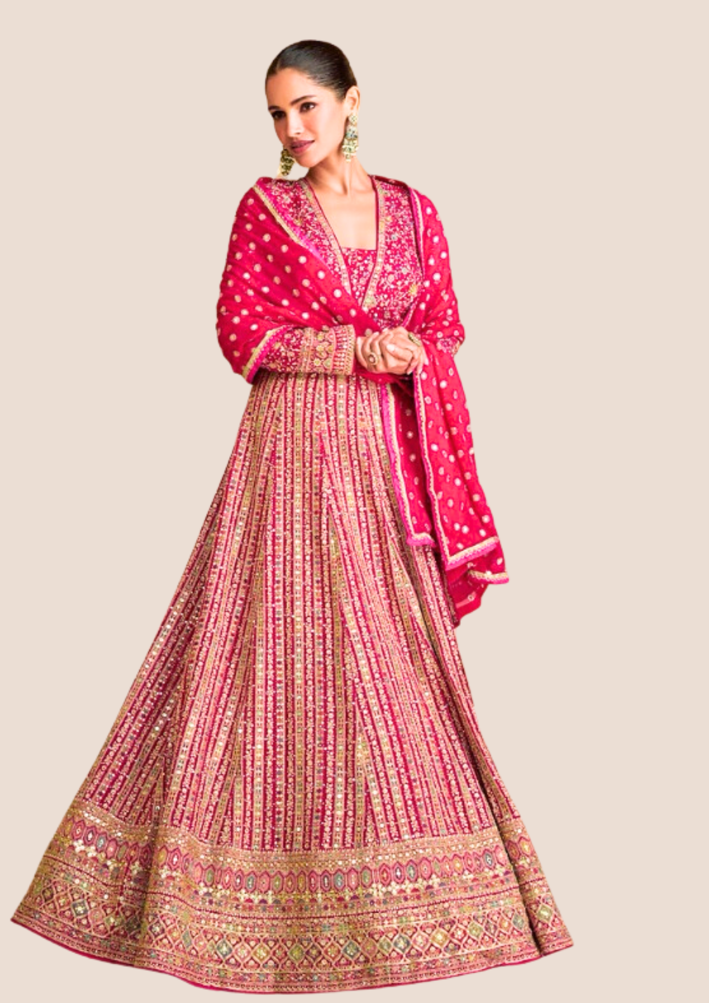 Myror Embroidered Anarkali Suit, Red and Pink, Chinon Silk Fabric for casual, wedding, party wear