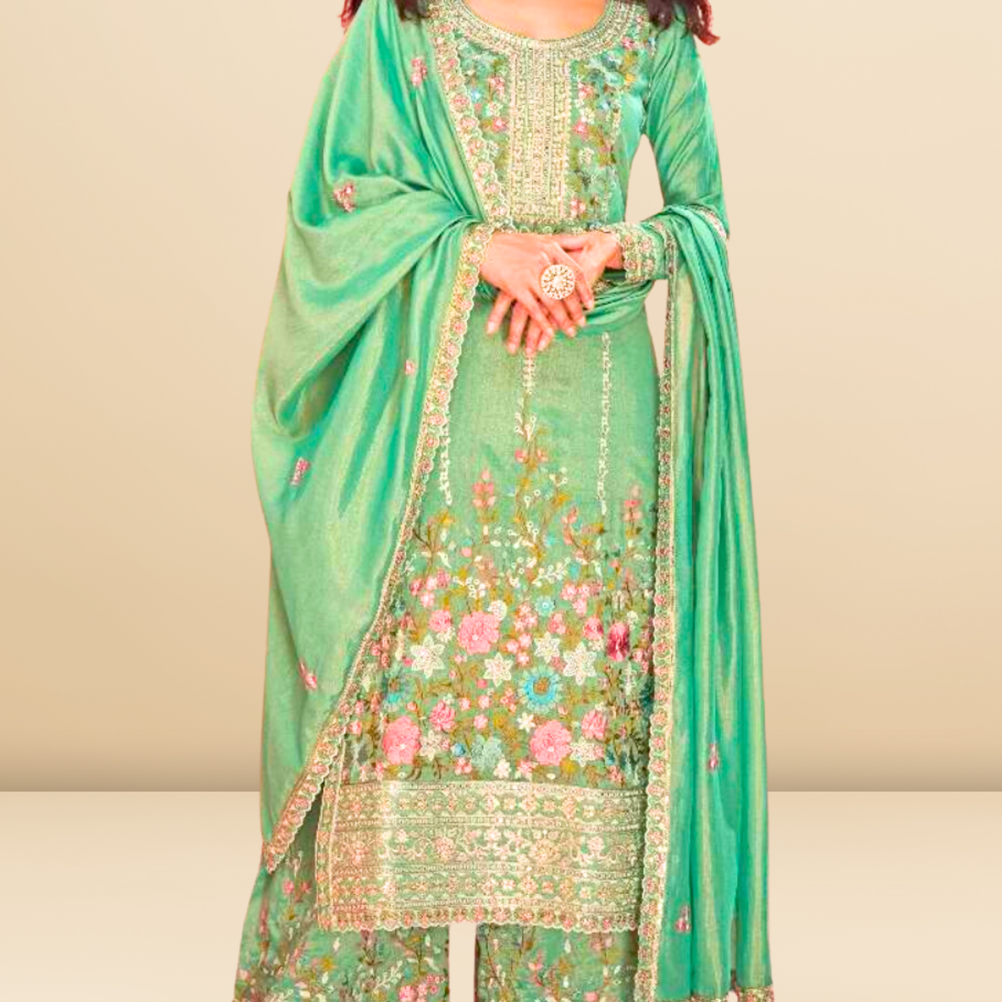 Embroidered 3 piece heavy Suit Set for Festive Wear - Green - Free Size