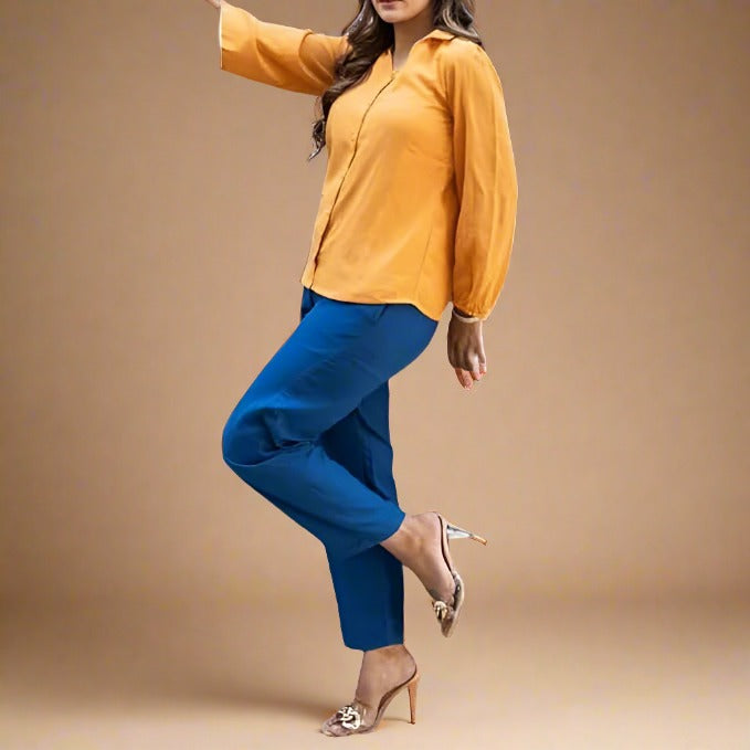 MyRor - Yellow and Blue coord set with plain pants and multicolored printed full-sleeve shirt