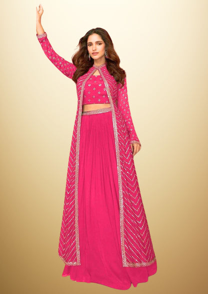 Embroidered and Sequined 3 piece dress - Magenta (Rani Pink) Crop Top with Palazzo and Cape in beautiful Georgette Fabric