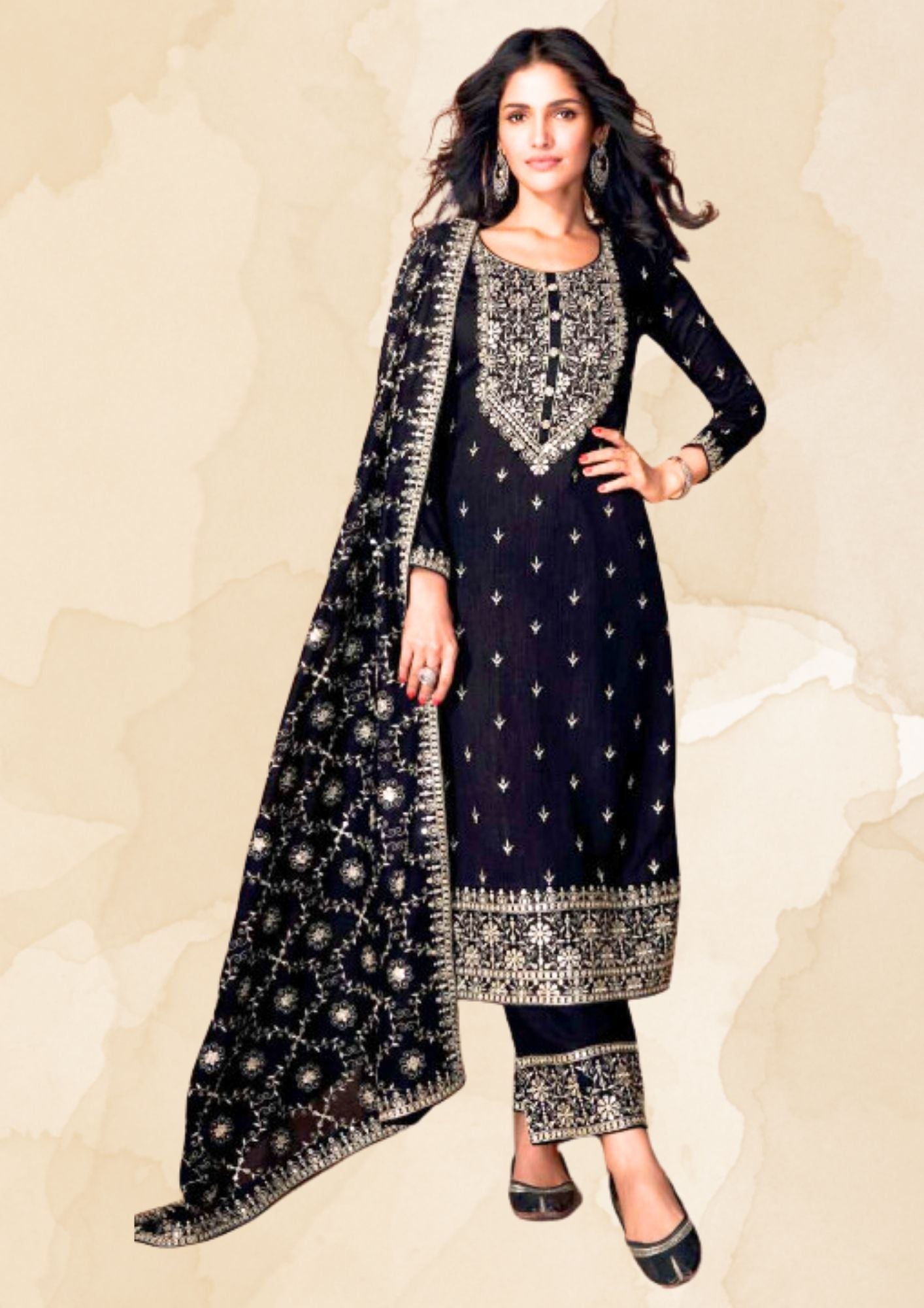 Festive Wear Black Suit set with White Chikankari work (Suit, Palazzo and Full size Dupatta)