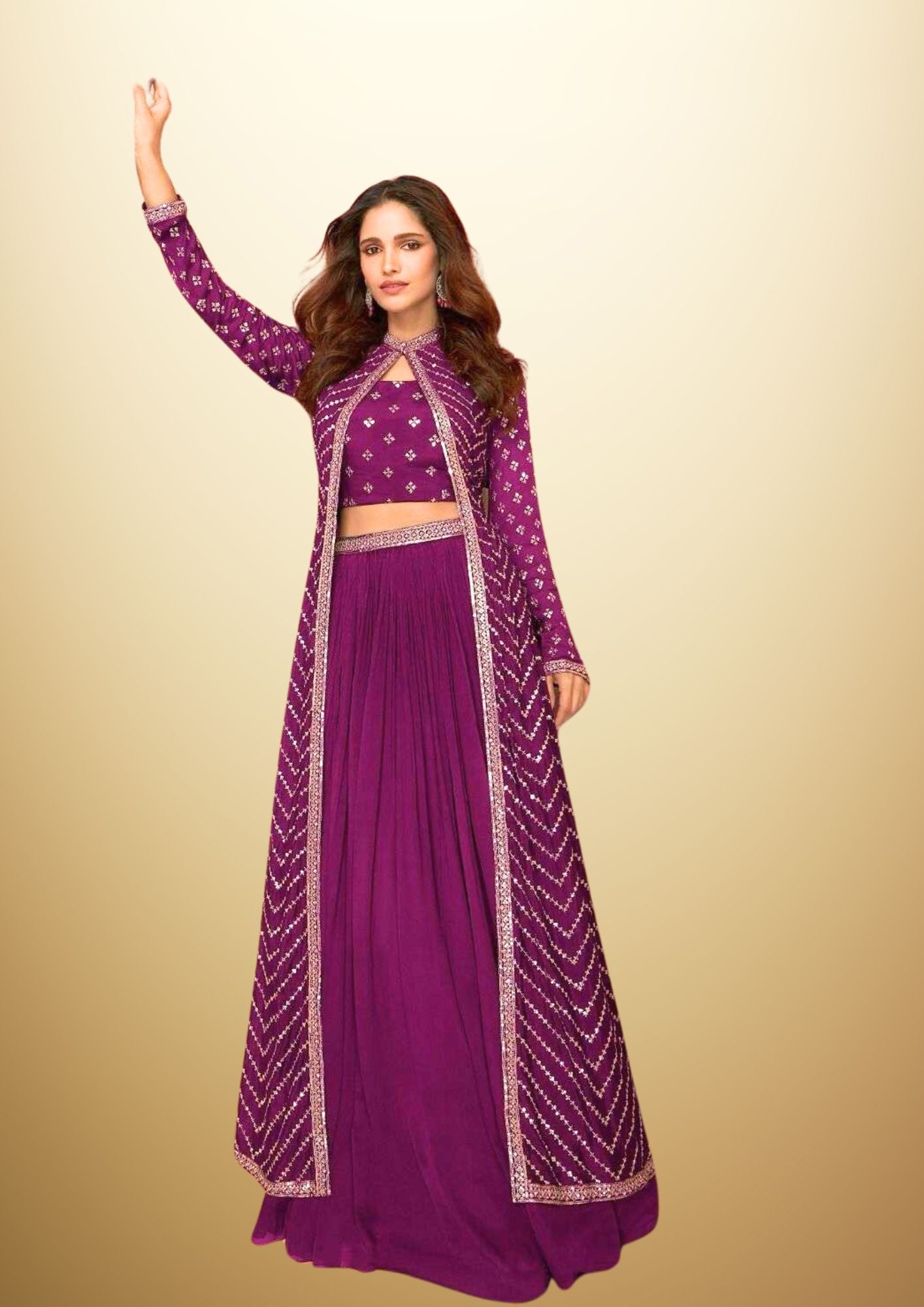 Embroidered and Sequined 3 piece dress - Purple Crop Top with Palazzo and Cape in beautiful Georgette Fabric