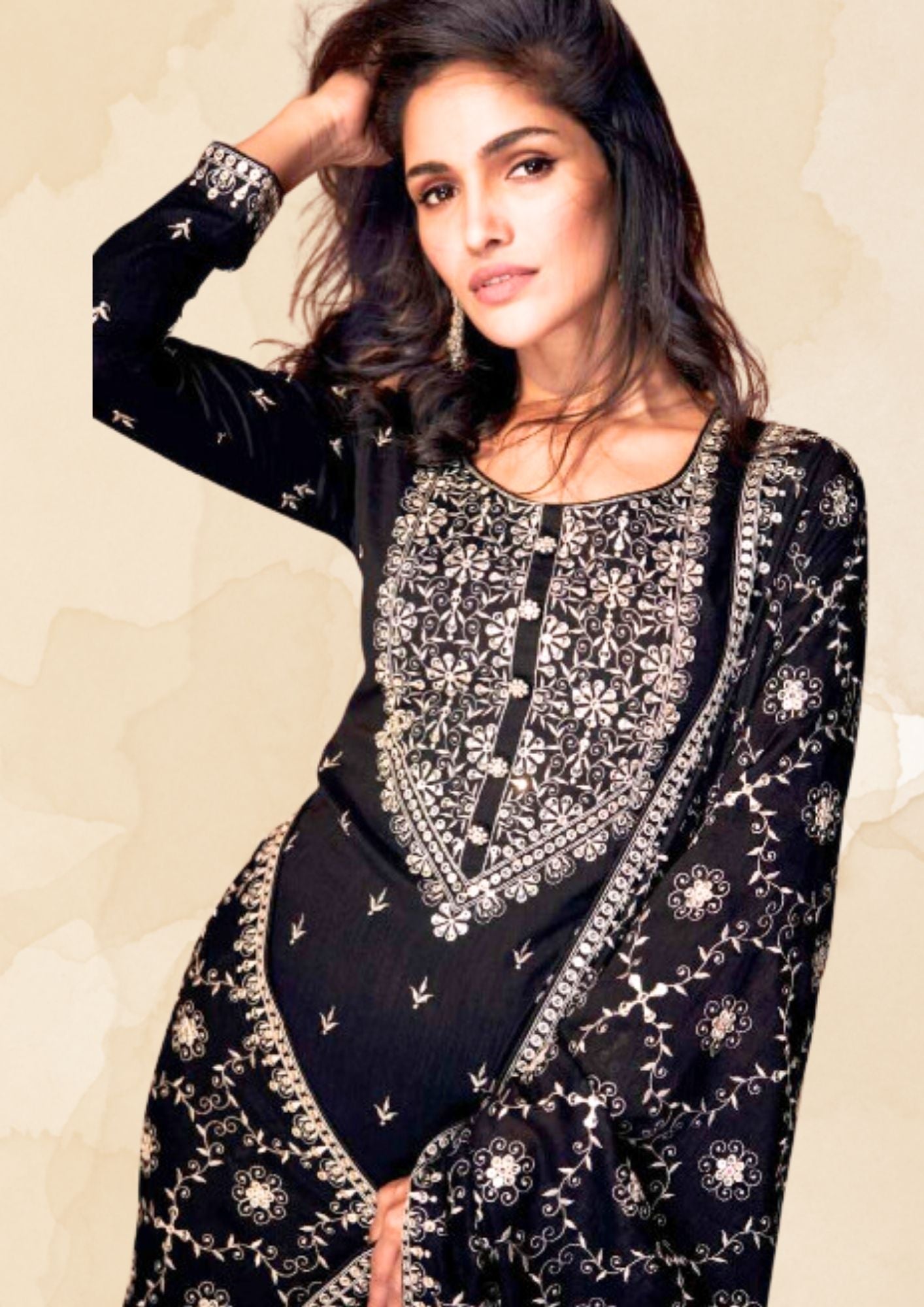 Festive Wear Black Suit set with White Chikankari work (Suit, Palazzo and Full size Dupatta)