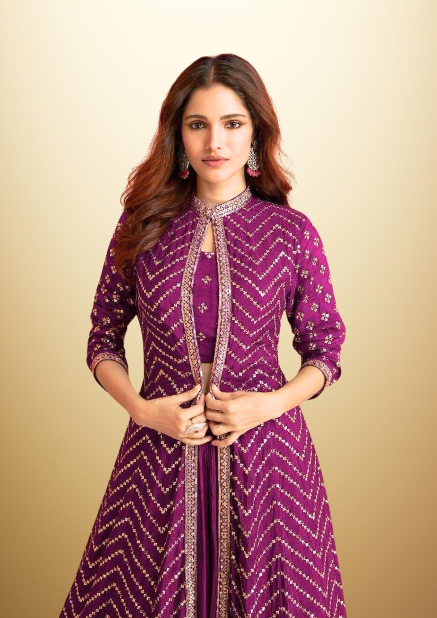 Embroidered and Sequined 3 piece dress - Purple Crop Top with Palazzo and Cape in beautiful Georgette Fabric