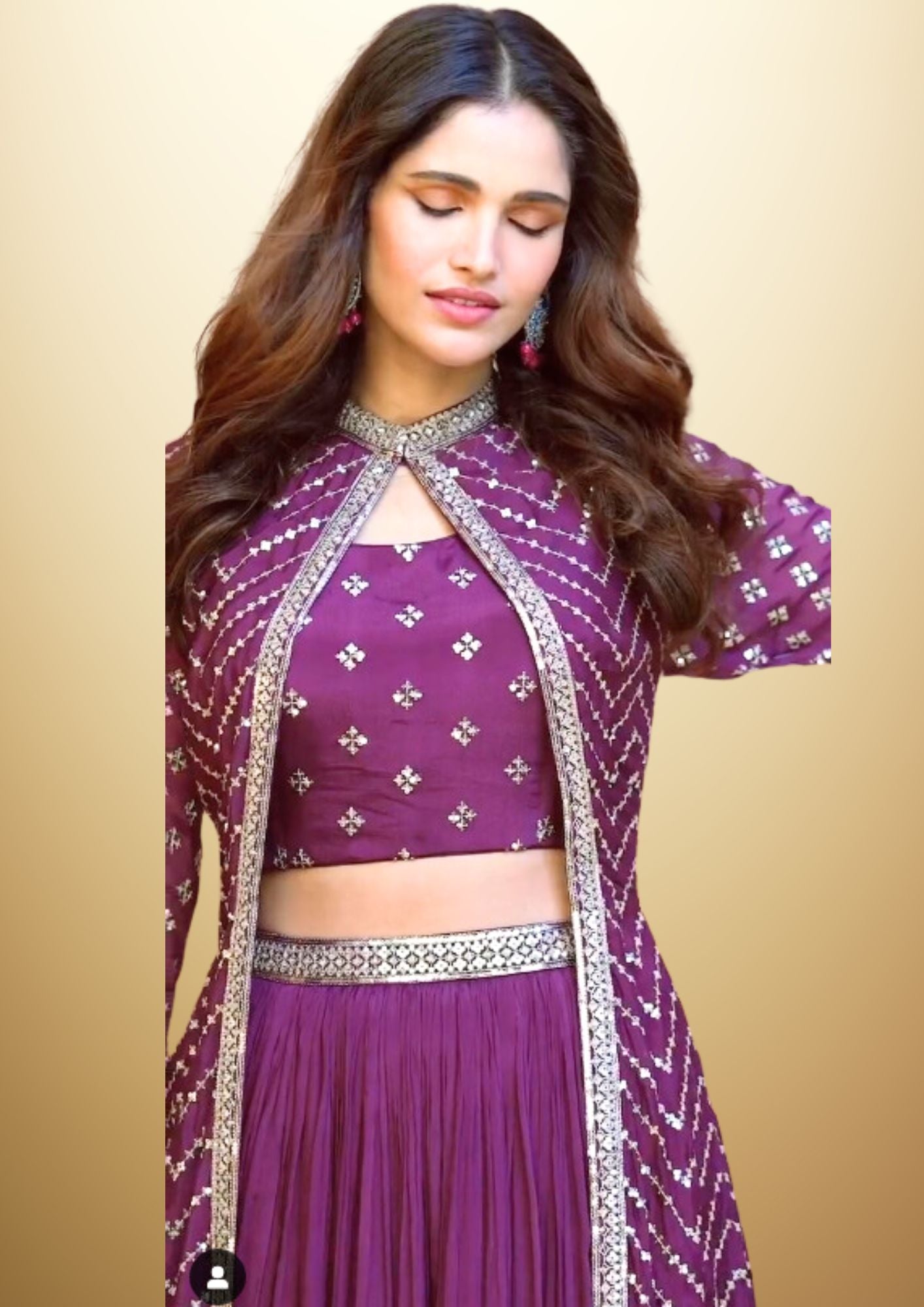 Embroidered and Sequined 3 piece dress - Purple Crop Top with Palazzo and Cape in beautiful Georgette Fabric