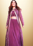 Embroidered and Sequined 3 piece dress - Purple Crop Top with Palazzo and Cape in beautiful Georgette Fabric