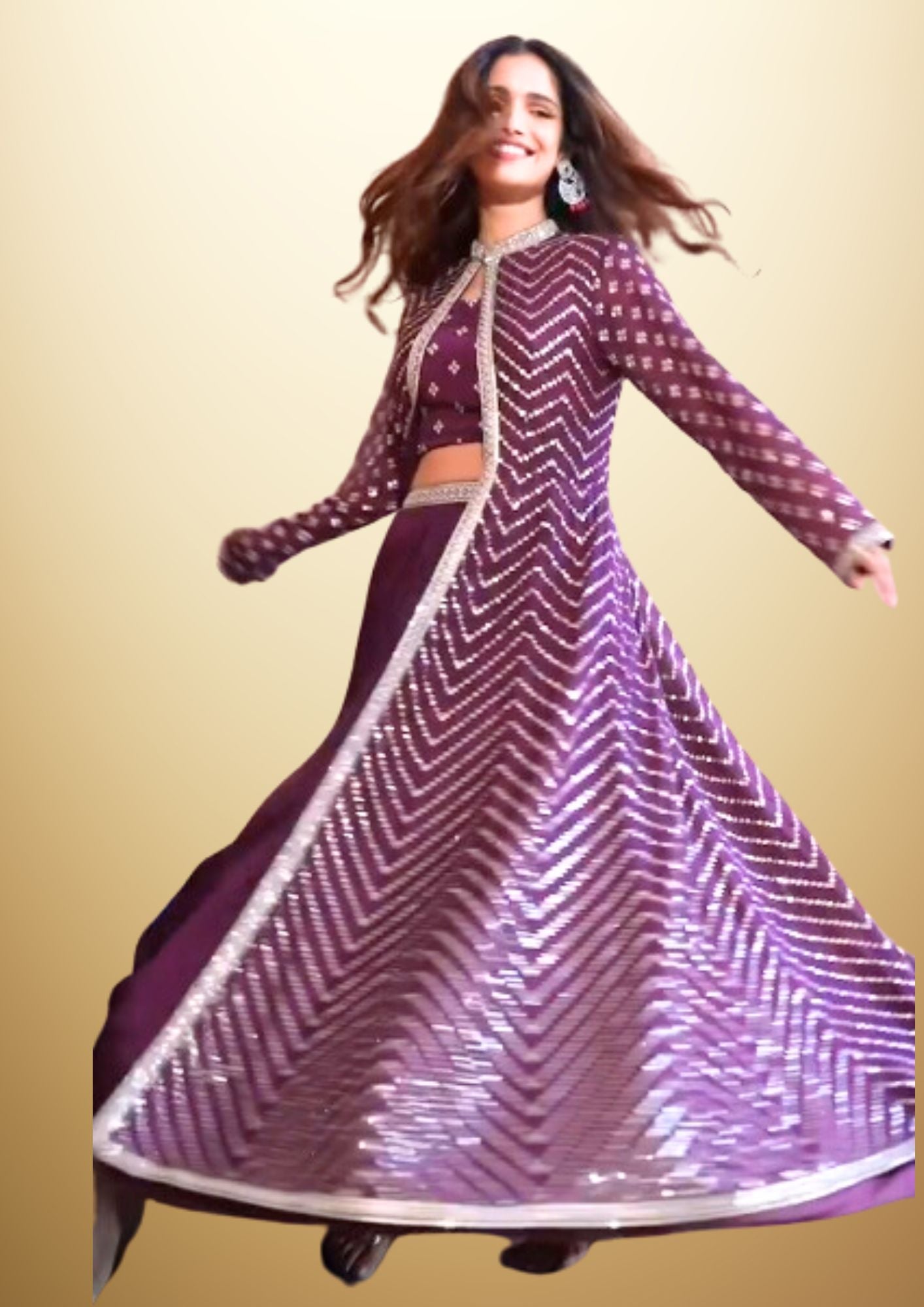 Embroidered and Sequined 3 piece dress - Purple Crop Top with Palazzo and Cape in beautiful Georgette Fabric