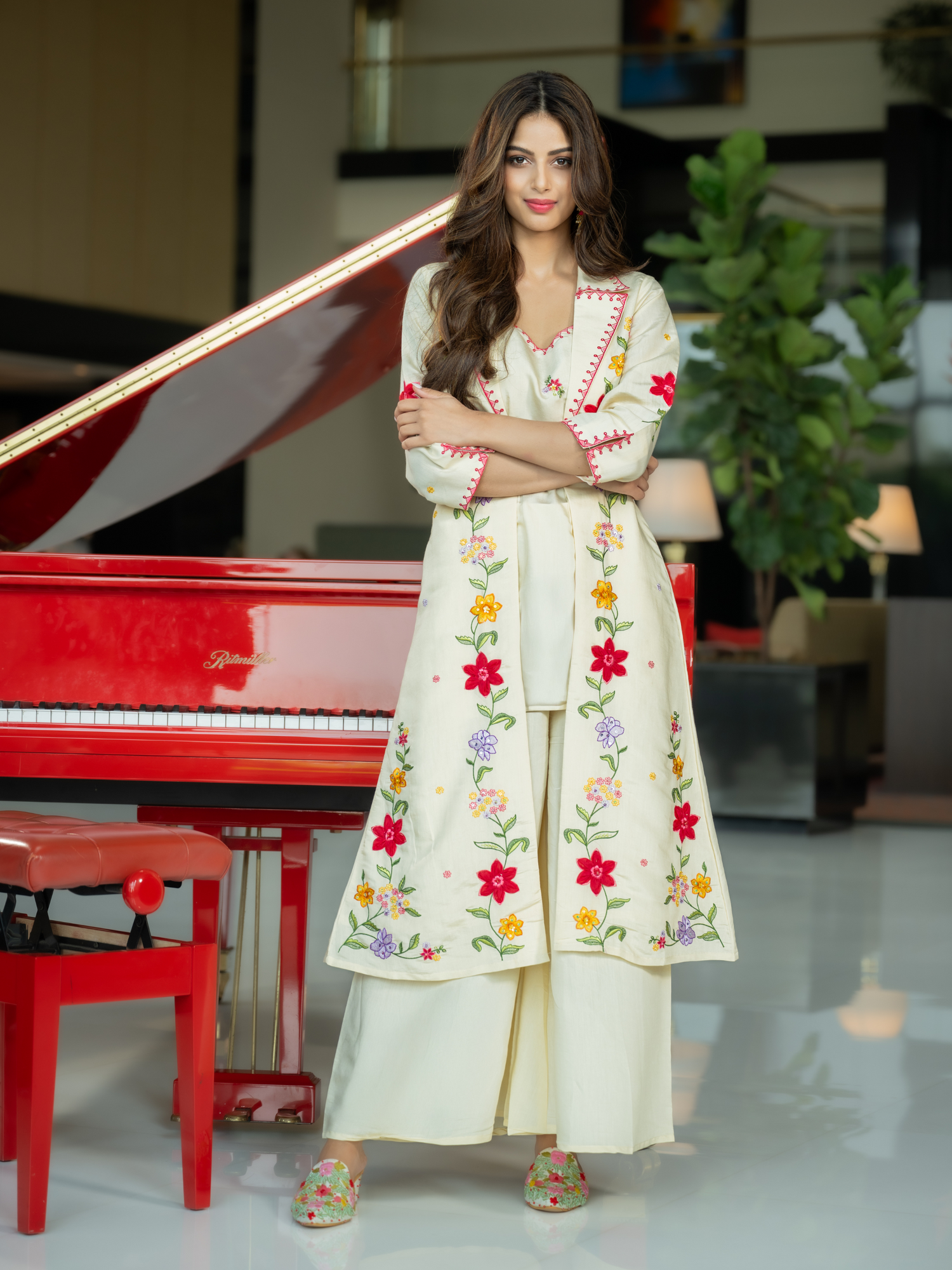 Cream Embroidered A-Line Kurta Palazzos Set6