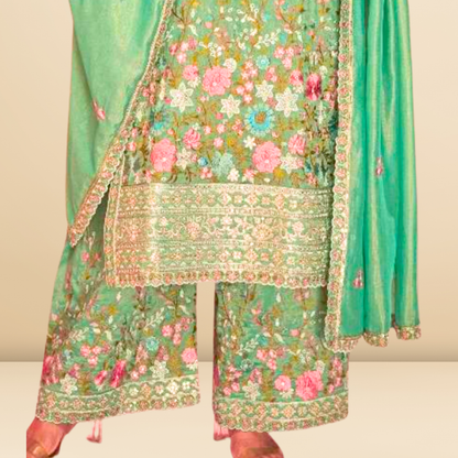 Embroidered 3 piece heavy Suit Set for Festive Wear - Green - Free Size