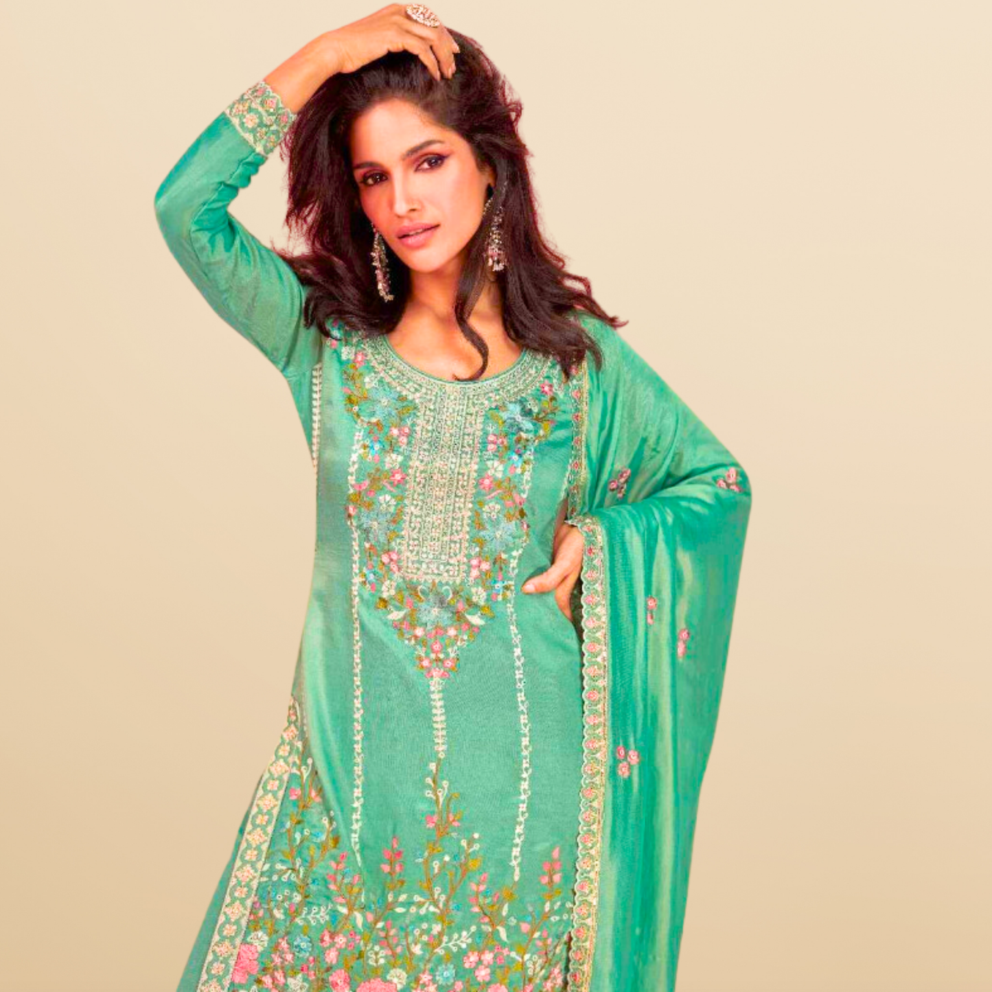 Embroidered 3 piece heavy Suit Set for Festive Wear - Green - Free Size