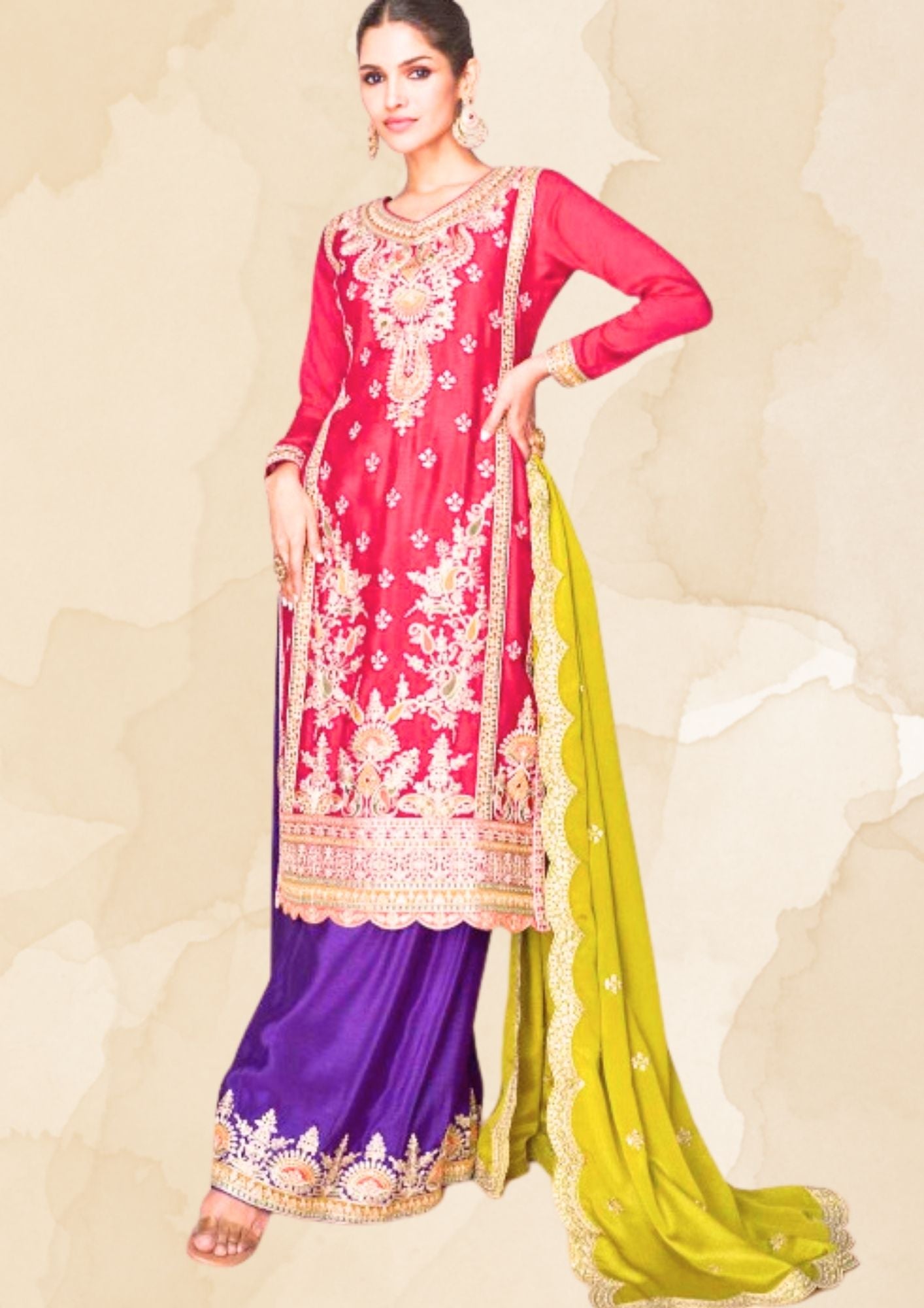 Myror Embroidered Chinon Silk Salwar Kameez with Dupatta, Red and Purple