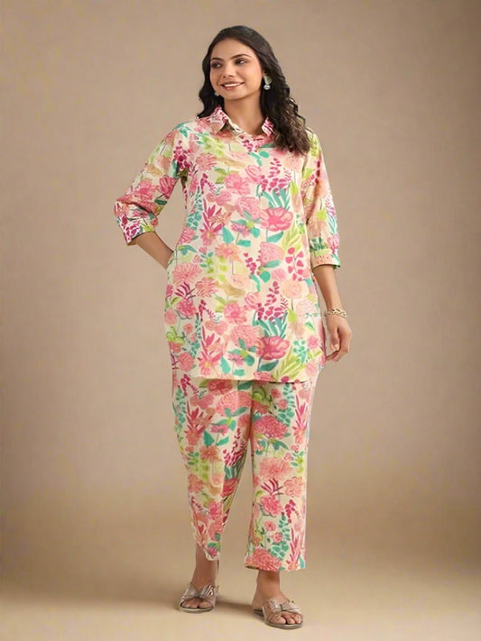 Women's Multicolour Cotton Floral Regular Summer Coord Set for Women