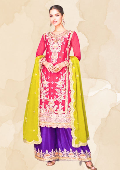 Myror Embroidered Chinon Silk Salwar Kameez with Dupatta, Red and Purple