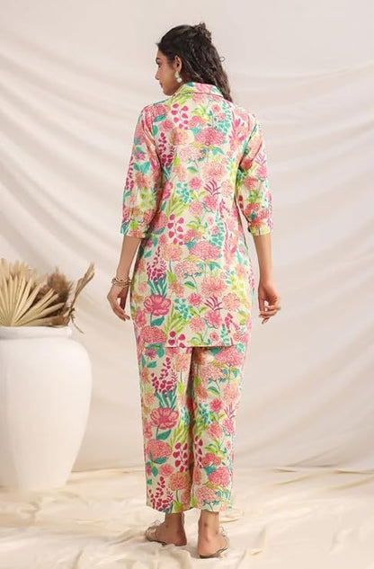 Women's Multicolour Cotton Floral Regular Summer Coord Set for Women