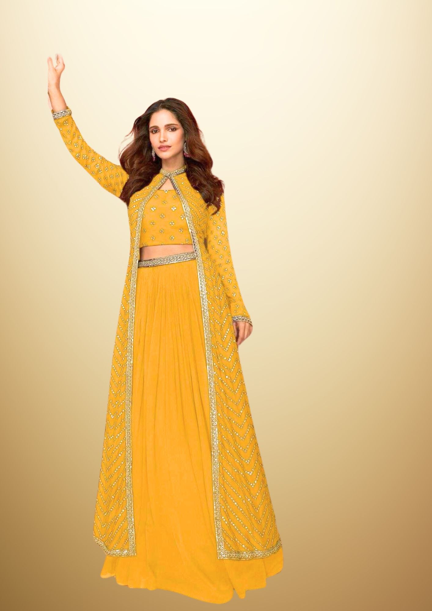 Embroidered and Sequined 3 piece dress - Yellow Crop Top with Palazzo and Cape in beautiful Georgette Fabric