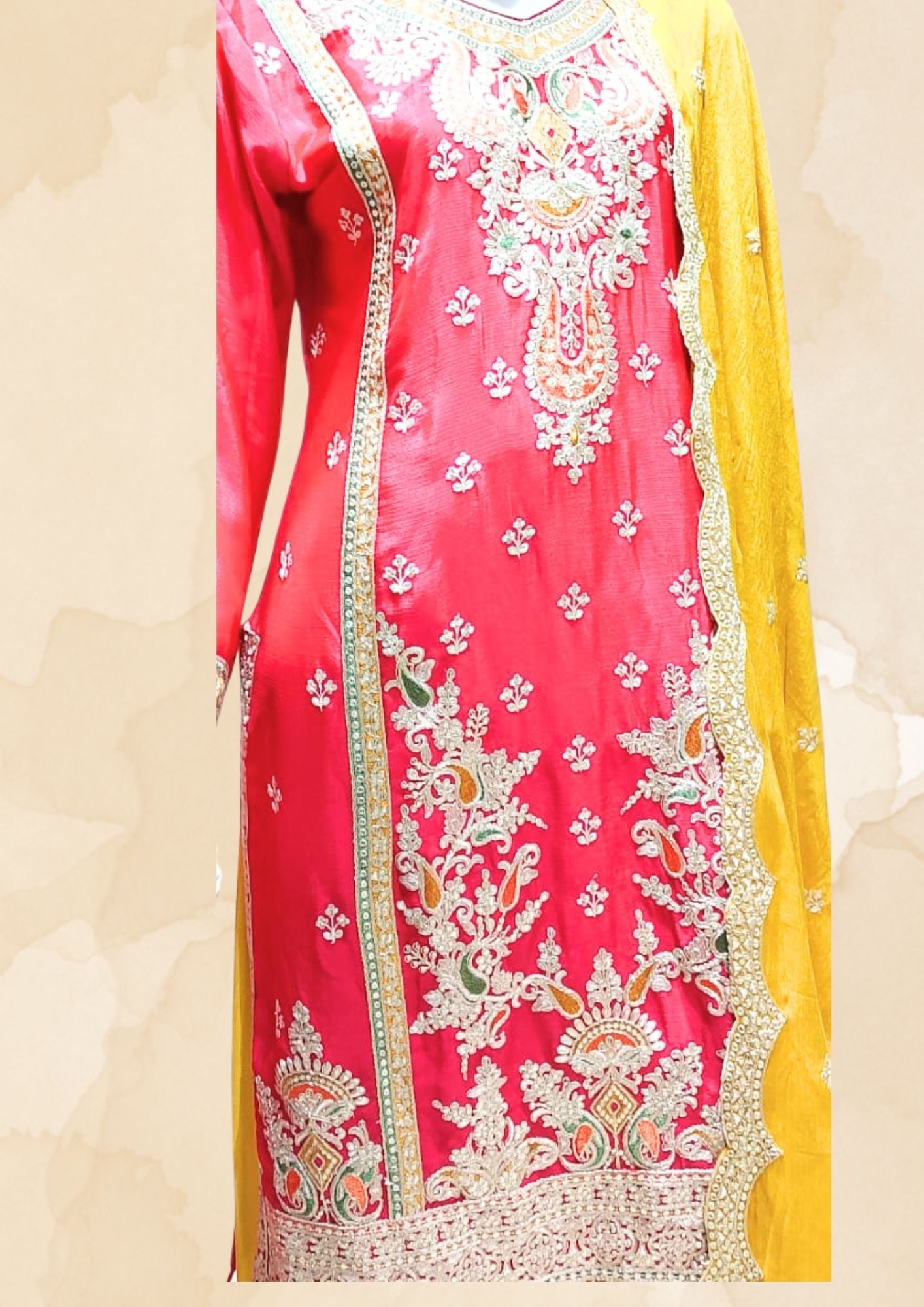 Myror Embroidered Chinon Silk Salwar Kameez with Dupatta, Red and Purple