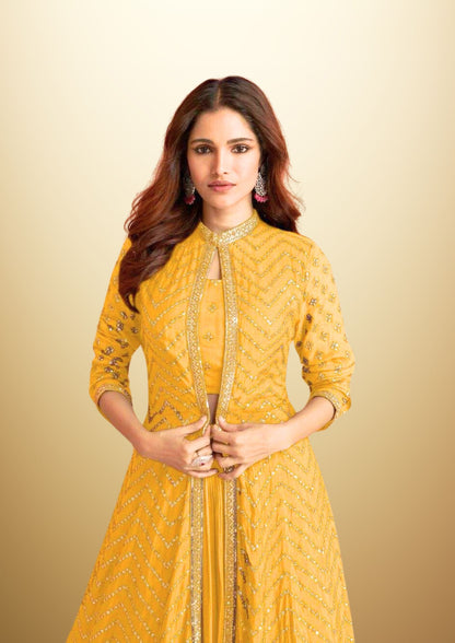 Embroidered and Sequined 3 piece dress - Yellow Crop Top with Palazzo and Cape in beautiful Georgette Fabric