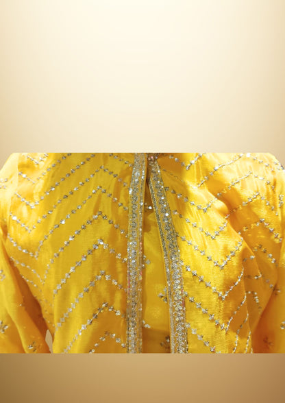 Embroidered and Sequined 3 piece dress - Yellow Crop Top with Palazzo and Cape in beautiful Georgette Fabric