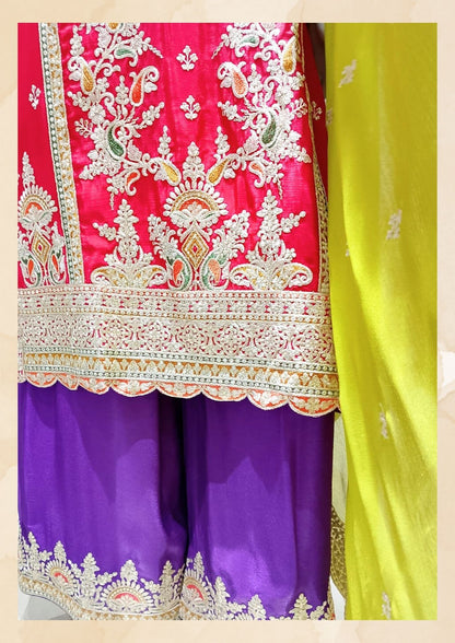 Myror Embroidered Chinon Silk Salwar Kameez with Dupatta, Red and Purple