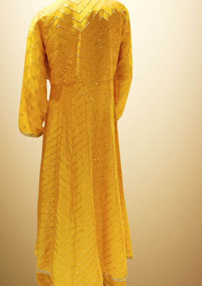 Embroidered and Sequined 3 piece dress - Yellow Crop Top with Palazzo and Cape in beautiful Georgette Fabric