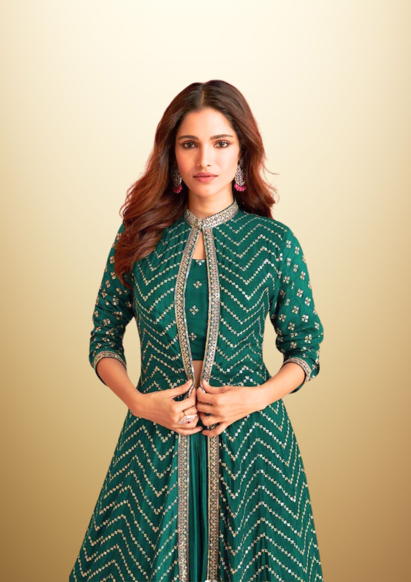 Embroidered and Sequined 3 piece dress - Green Crop Top with Palazzo and Cape in beautiful Georgette Fabric