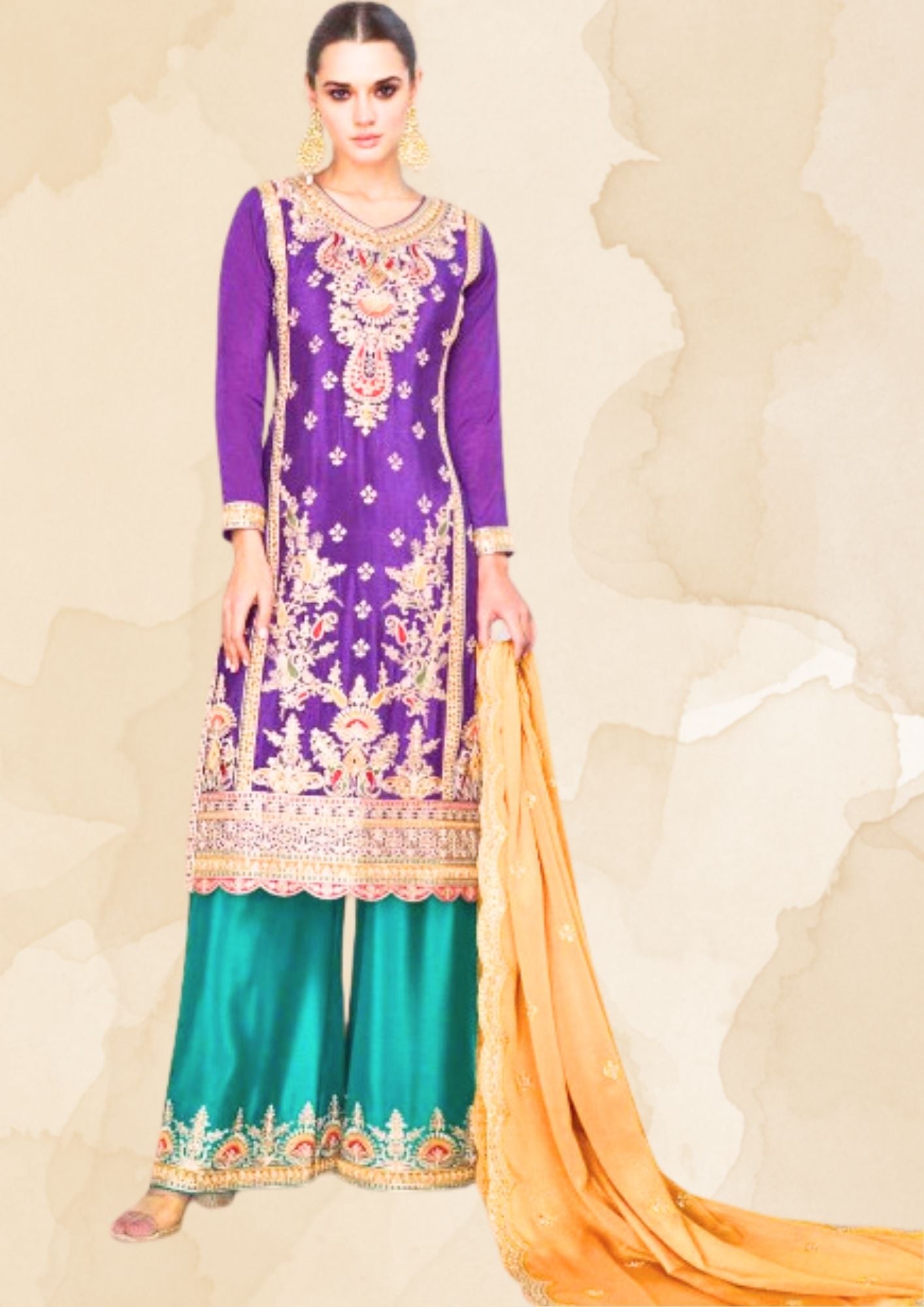 Myror Embroidered Chinon Silk Salwar Kameez with Dupatta, Purple and Green