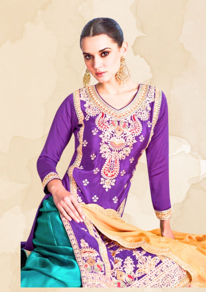 Myror Embroidered Chinon Silk Salwar Kameez with Dupatta, Purple and Green