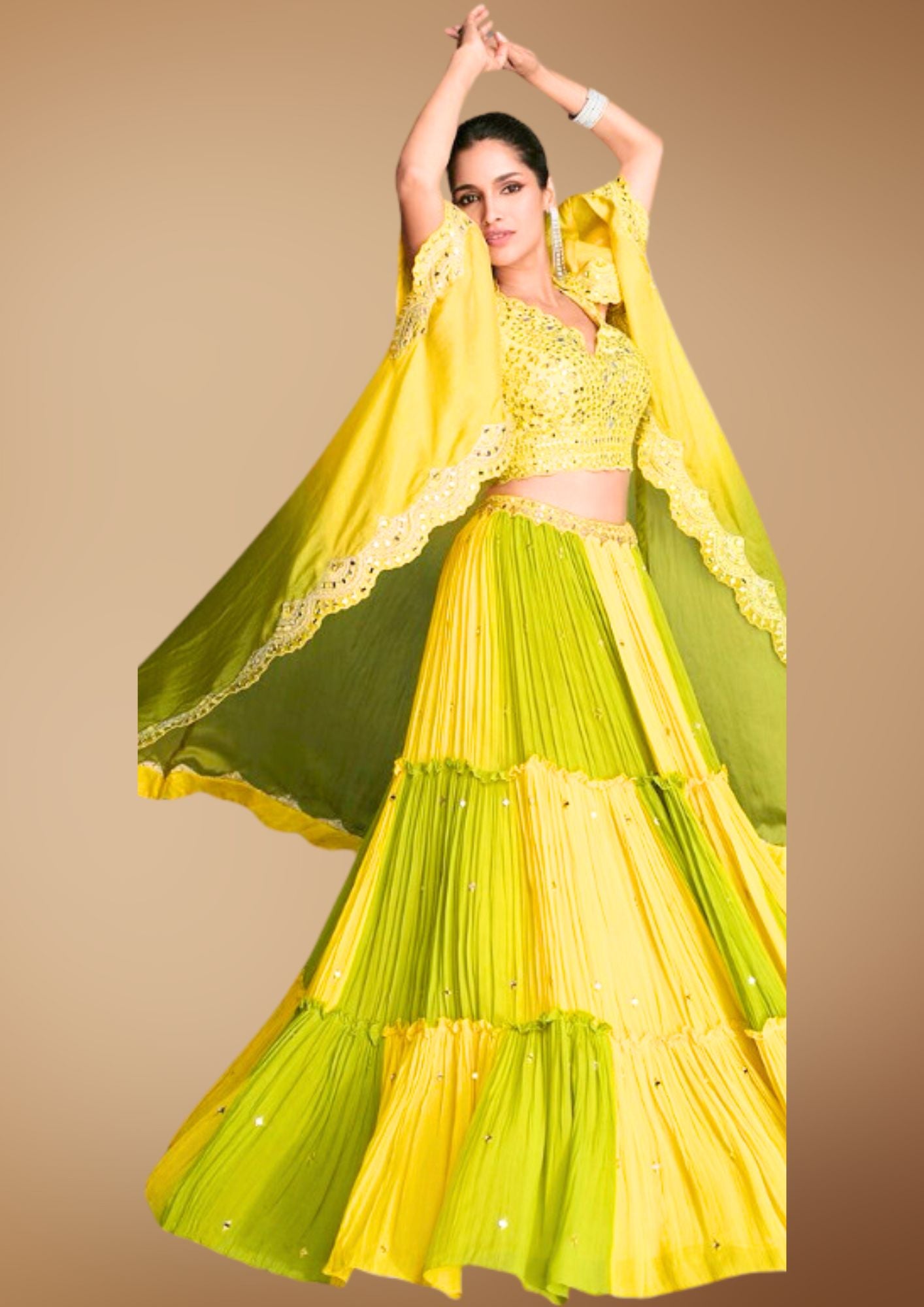 Yellow Green Bright Festive Dress for Events, Functions, Weddings || 2 Piece with Cape || Colorful, Sequined Designer Wear