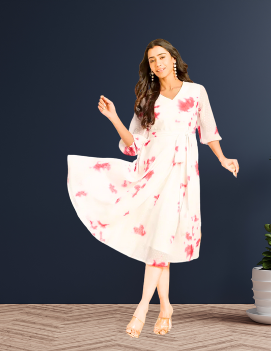 Women Fit and Flare Red, White Midi/Calf Length Dress