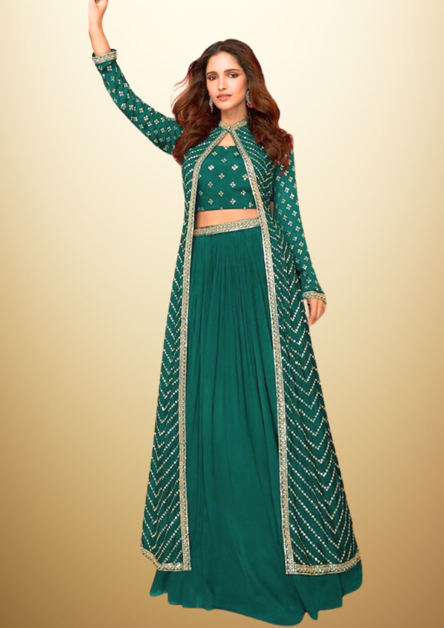 Embroidered and Sequined 3 piece dress - Green Crop Top with Palazzo and Cape in beautiful Georgette Fabric