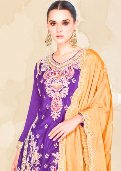 Myror Embroidered Chinon Silk Salwar Kameez with Dupatta, Purple and Green