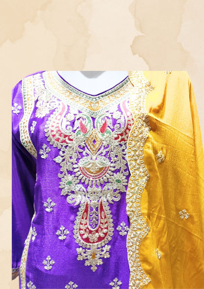 Myror Embroidered Chinon Silk Salwar Kameez with Dupatta, Purple and Green