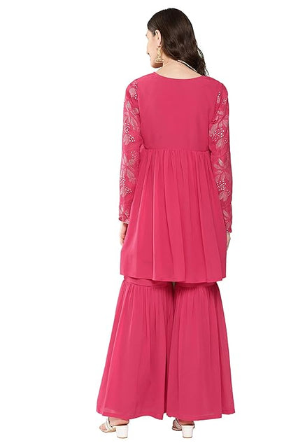 Women's Pink Georgette Foil Printed Short Kurta with Sharara