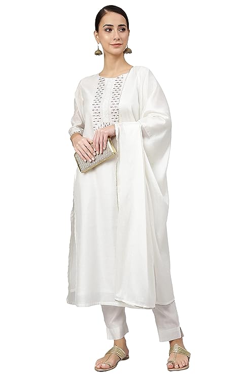 Janasya Women's White Poly Silk Solid Kurta with Pant and Dupatta