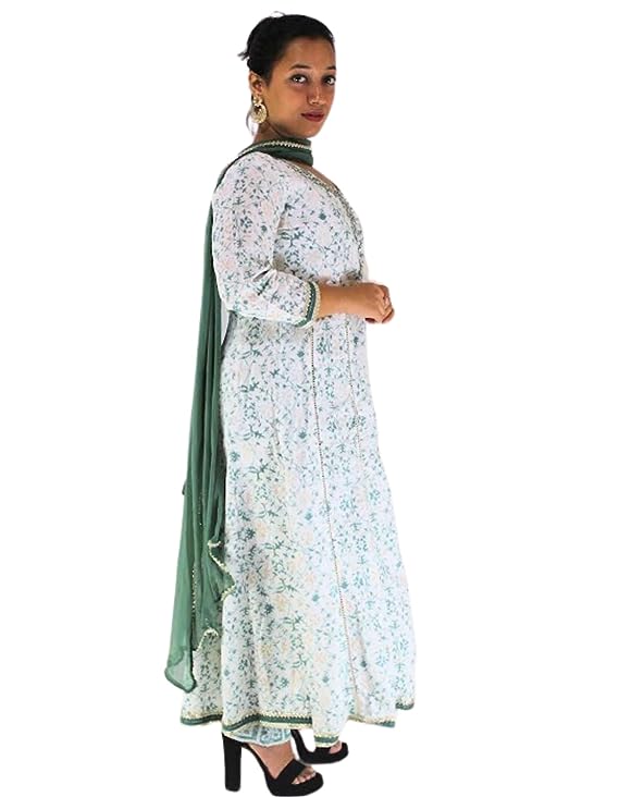 MyRor - White & Green Cotton suit with floral motifs (shirt, pant and Dupatta) - Formal and Ethnic women wear