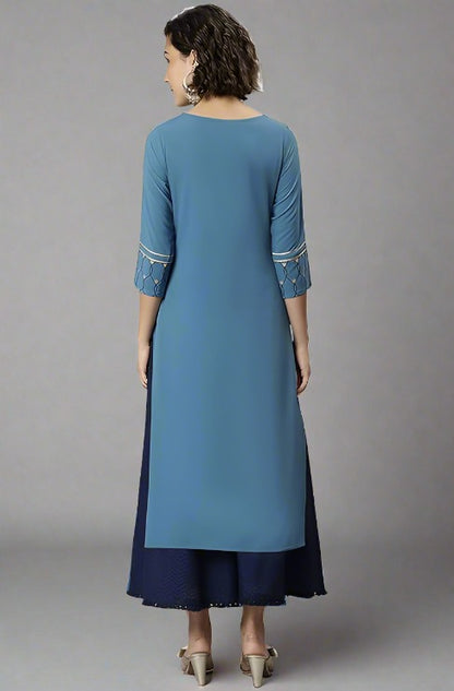 Blue Poly Crepe Ethnic Motifs Kurta for Women