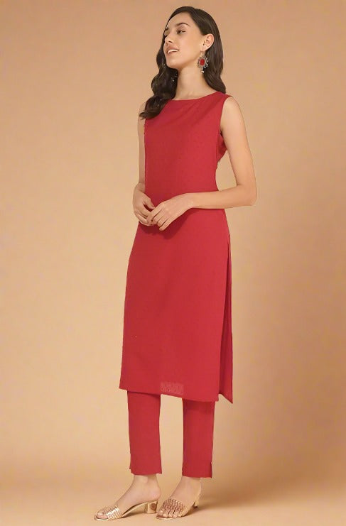 Myror Red Cotton Dobby Solid Summer Coord Set for Women