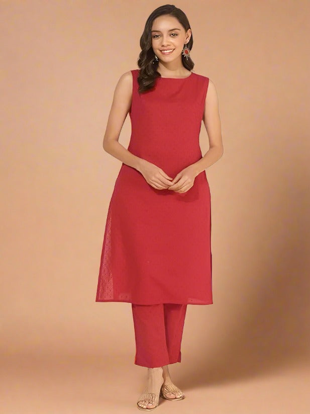 Myror Red Cotton Dobby Solid Summer Coord Set for Women