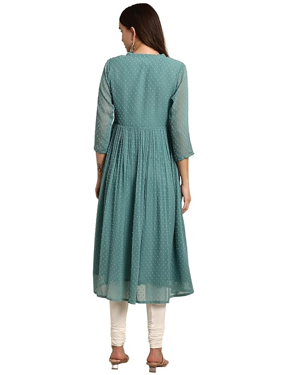 Women's Green Poly Chiffon Self Design Flared Western Dress