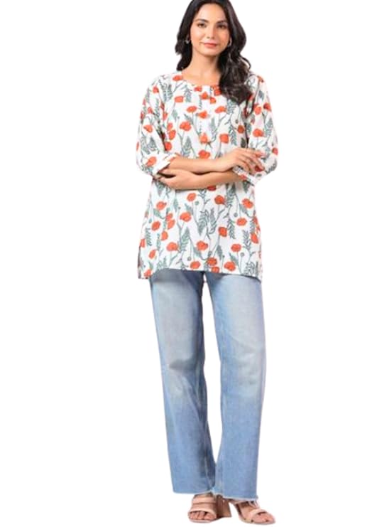 Short Cotton Kurtis with beautiful orange flowers and tassels