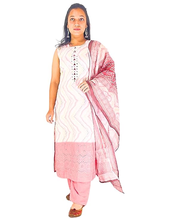 MyRor - White and Pink Cotton Self design Pakistani design suit for women (casual and fun events) Shirt, Pant and Dupatta set