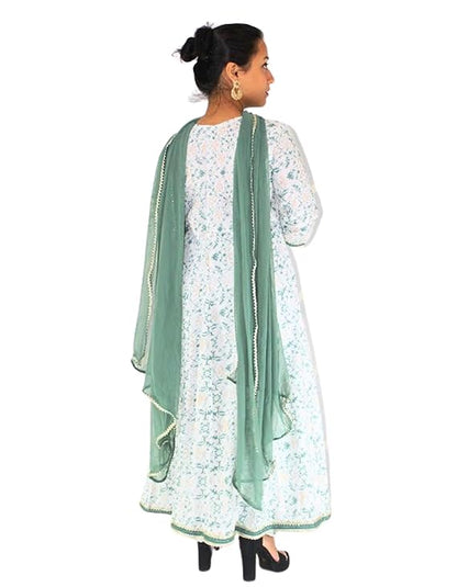 MyRor - White & Green Cotton suit with floral motifs (shirt, pant and Dupatta) - Formal and Ethnic women wear