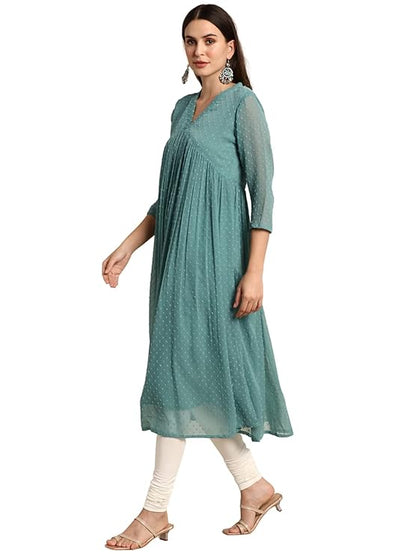 Women's Green Poly Chiffon Self Design Flared Western Dress