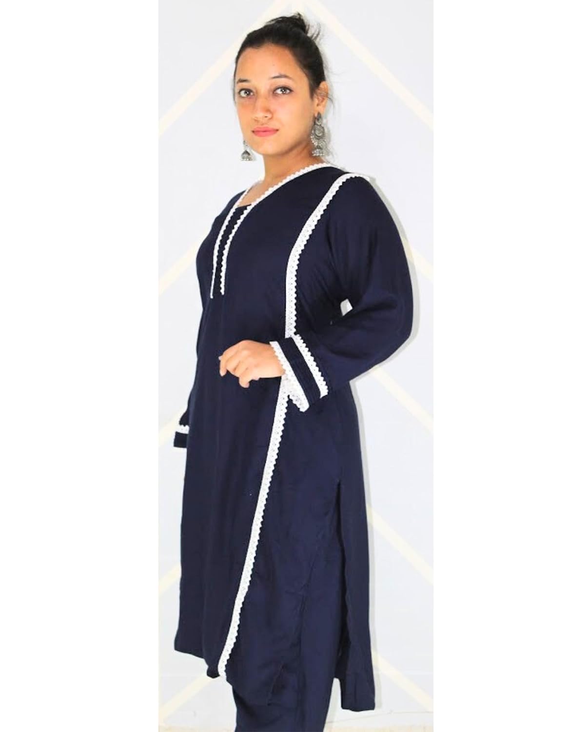 Sewing Shop - Cotton Blue Suit Palazzo Set with Front Lace for Women - (Formal or Casual Dress)